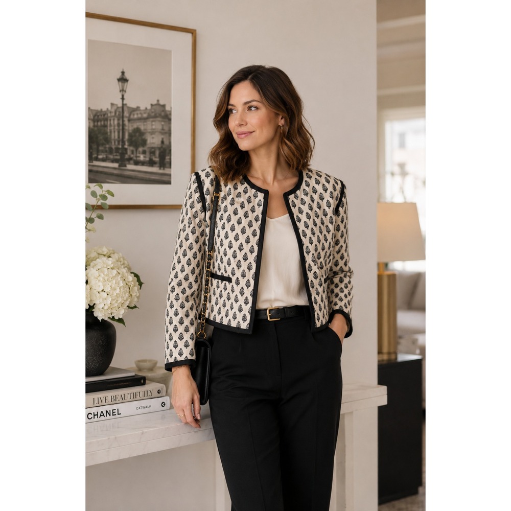 NWT Cropped Jacket Womens S Black Ivory Contrast Trim Tweed Career Blazer